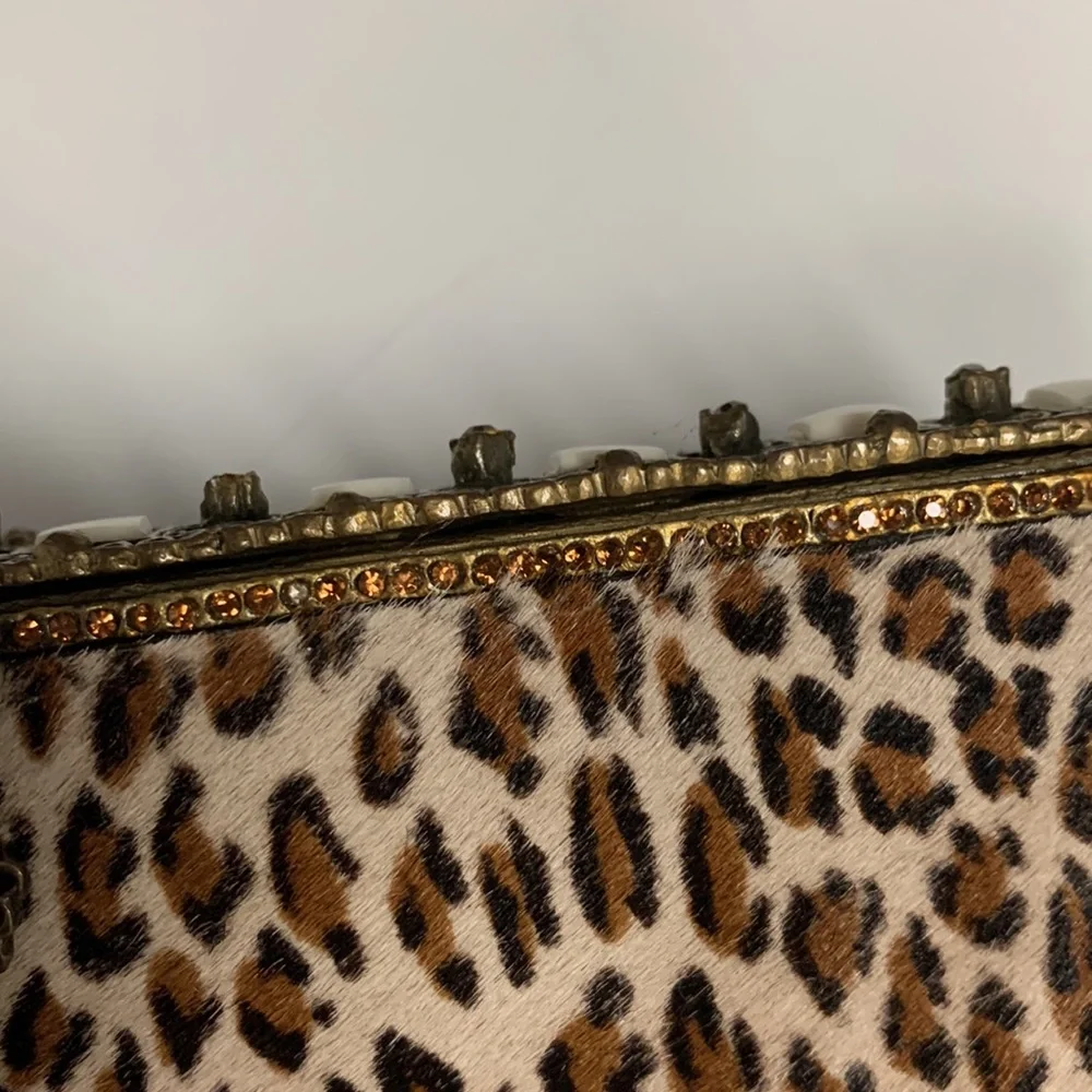 CLARA KASAVINA pony hair leopard print embellished clutch pochette bag